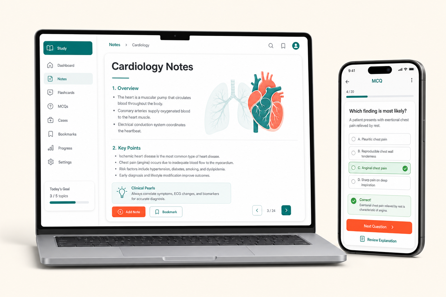 MBBS Mentor app preview — structured notes on a laptop and an MCQ card on a phone